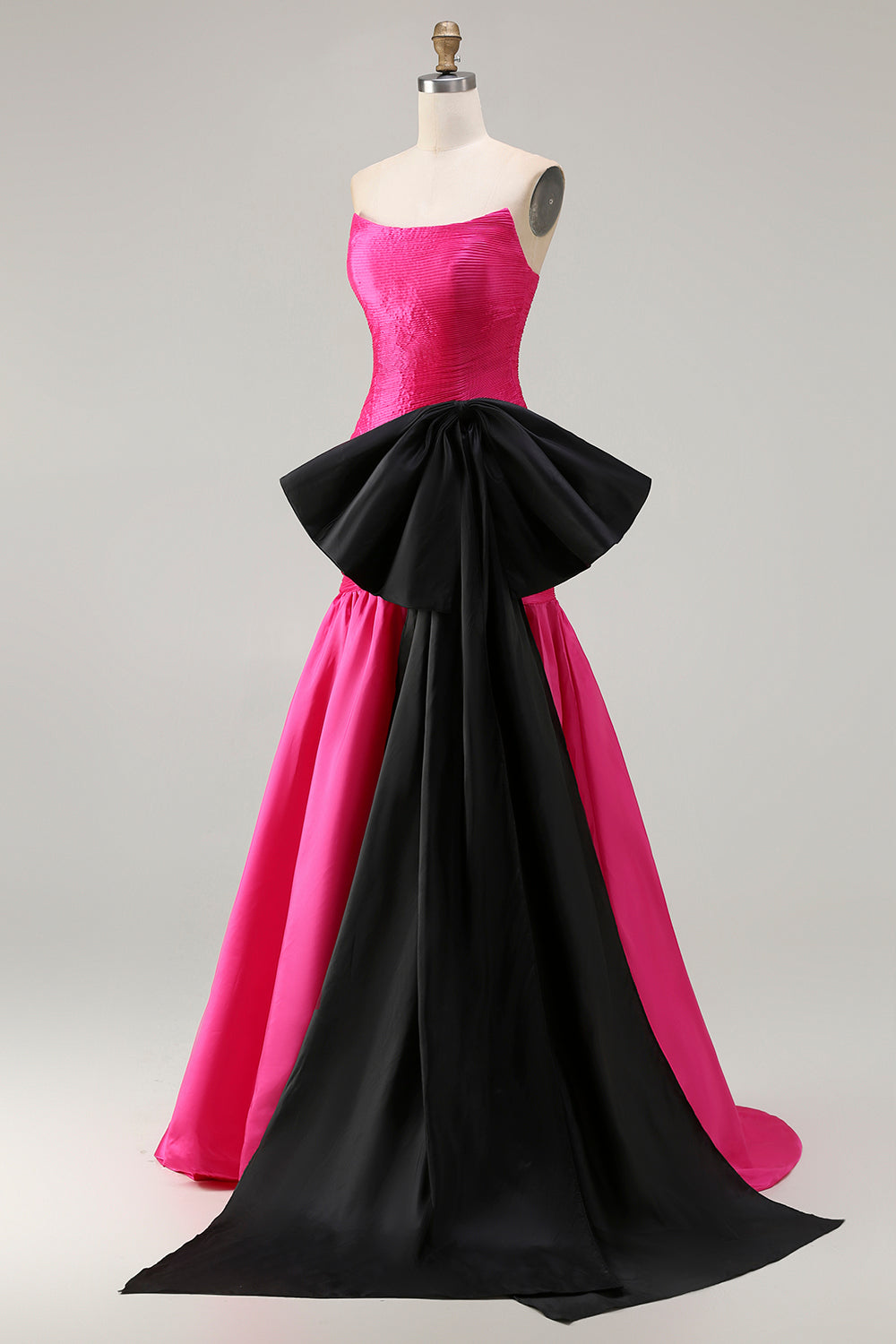 Fuchsia Satin Strapless Long Mermaid Prom Dress with Bow