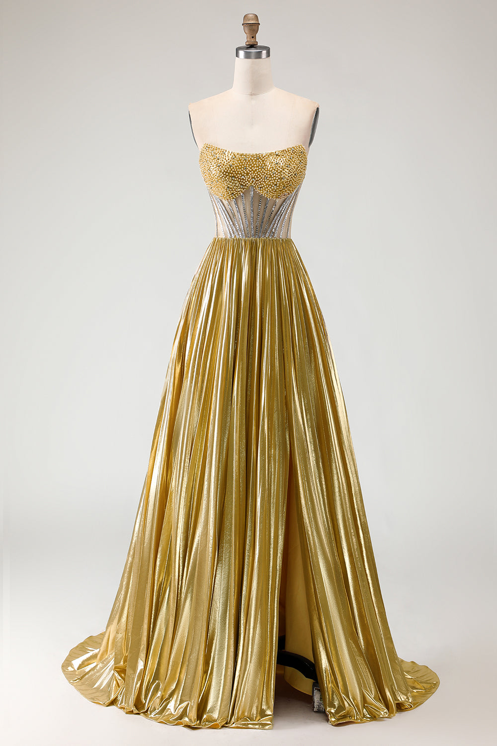 Sparkly Golden Corset A Line Beaded Long Metallic Prom Dress with Slit