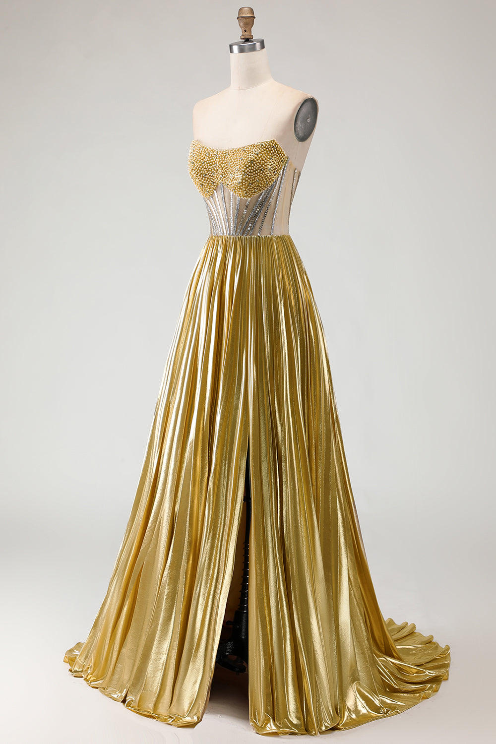 Sparkly Golden Corset A Line Beaded Long Metallic Prom Dress with Slit