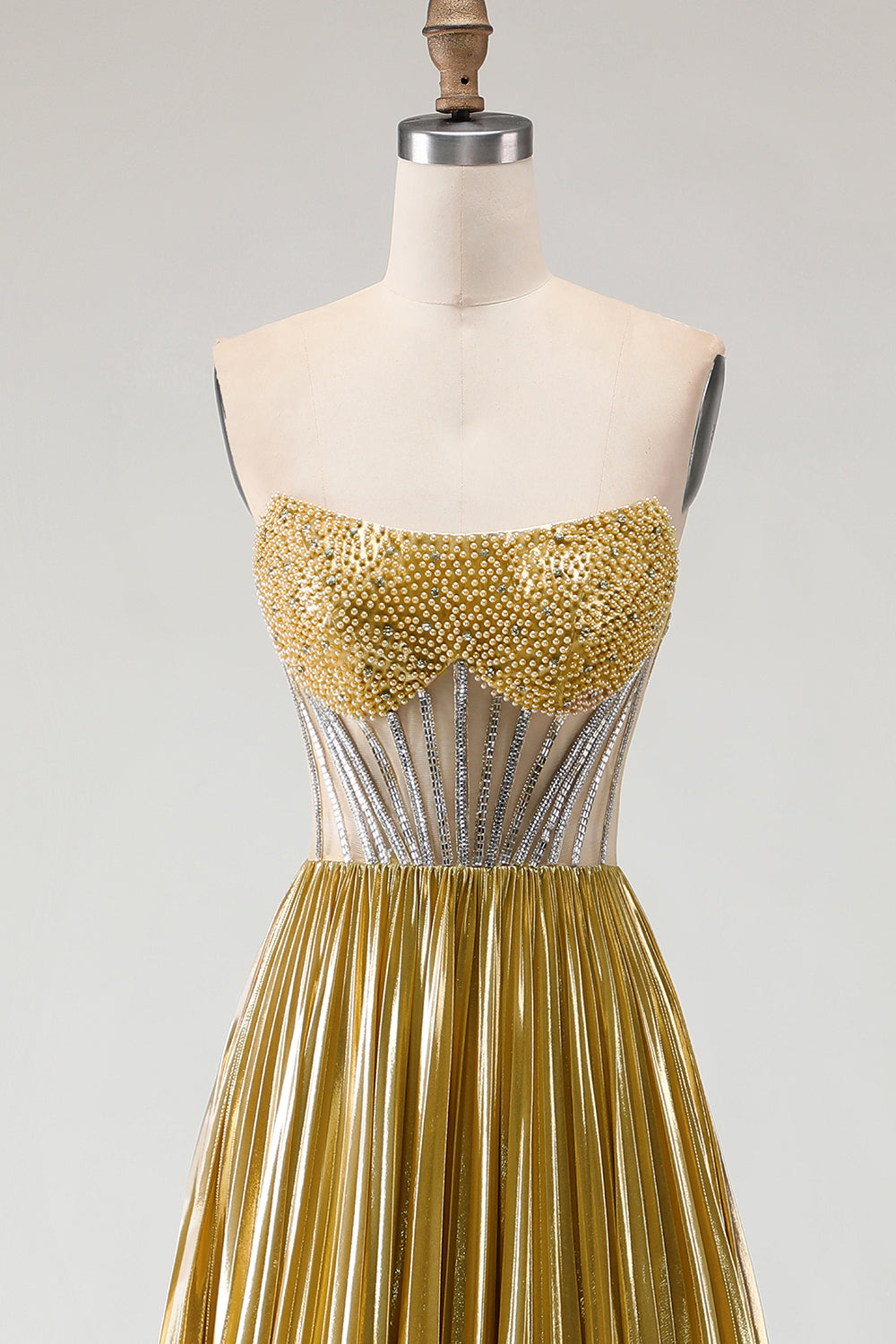 Sparkly Golden Corset A Line Beaded Long Metallic Prom Dress with Slit