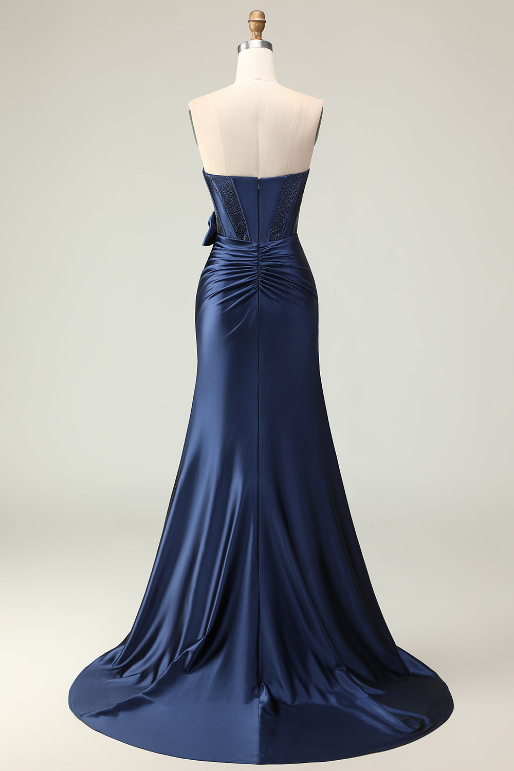 Navy Satin Strapless Mermaid Long Corset Prom Dress with Slit