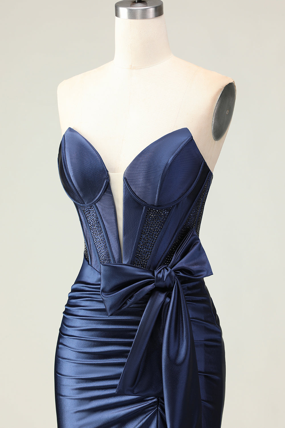 Navy Satin Strapless Mermaid Long Corset Prom Dress with Slit