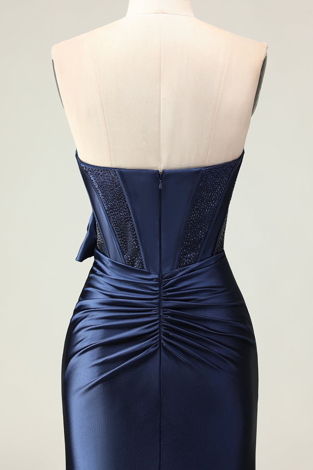 Navy Satin Strapless Mermaid Long Corset Prom Dress with Slit