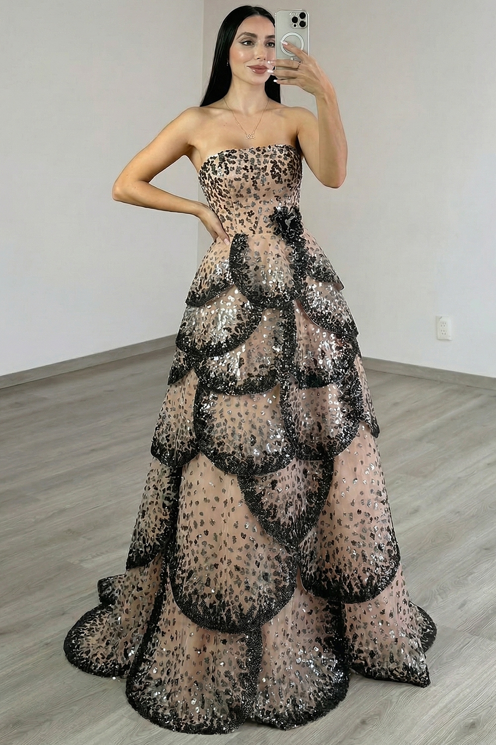 Sparkly Black Apricot Tiered Strapless A Line Long Prom Dress with Sequin