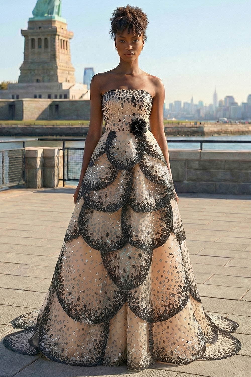 Sparkly Black and Apricot Strapless A-Line Long Tiered Prom Dress with Sequin