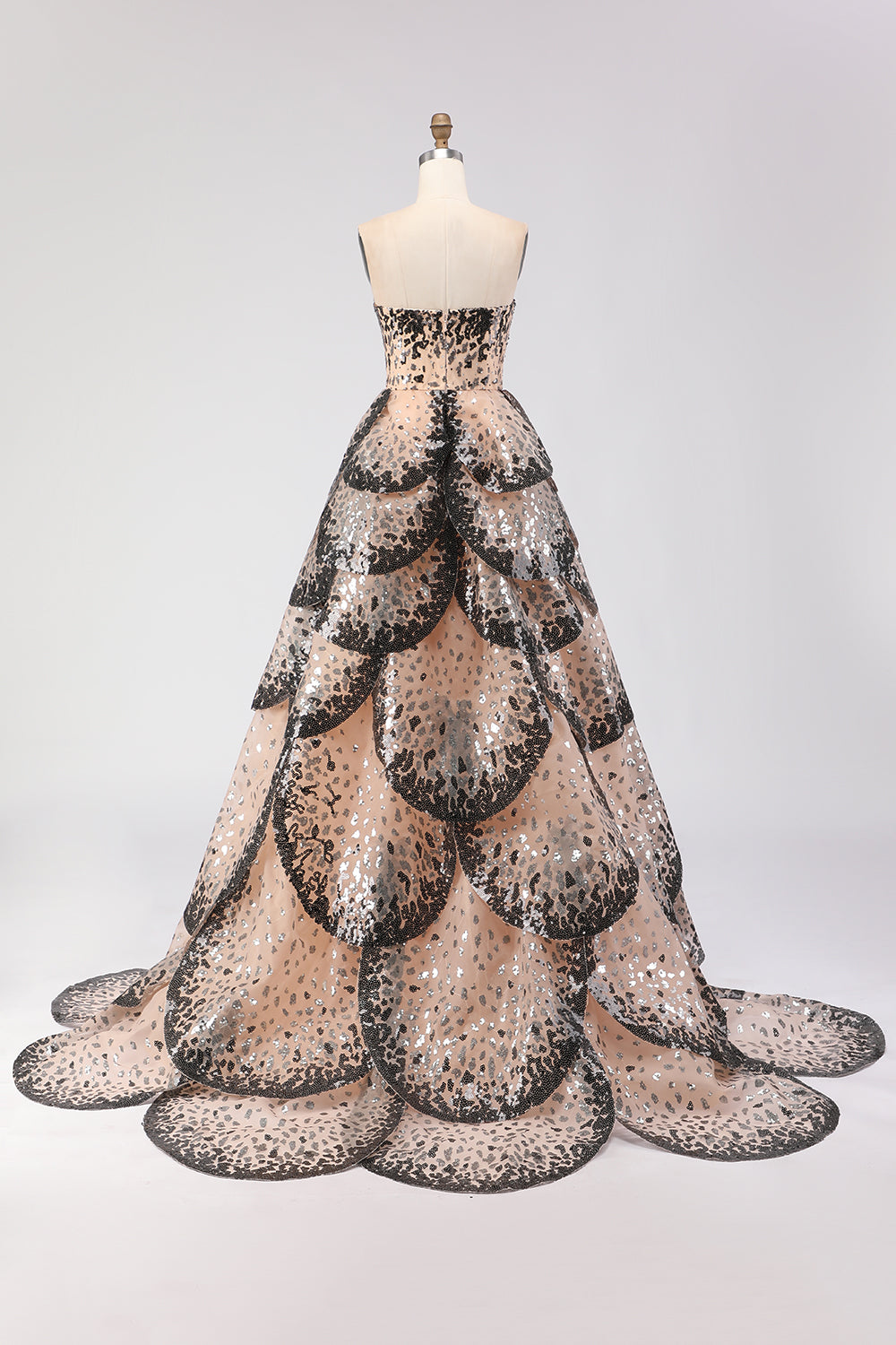 Sparkly Black and Apricot Strapless A-Line Long Tiered Prom Dress with Sequin