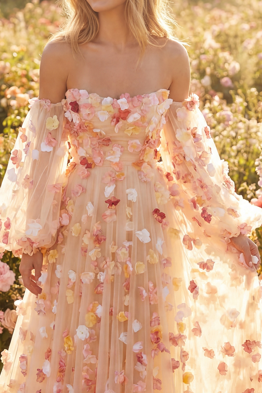 Floral Champagne A Line Long Tulle Prom Dress with Sleeves