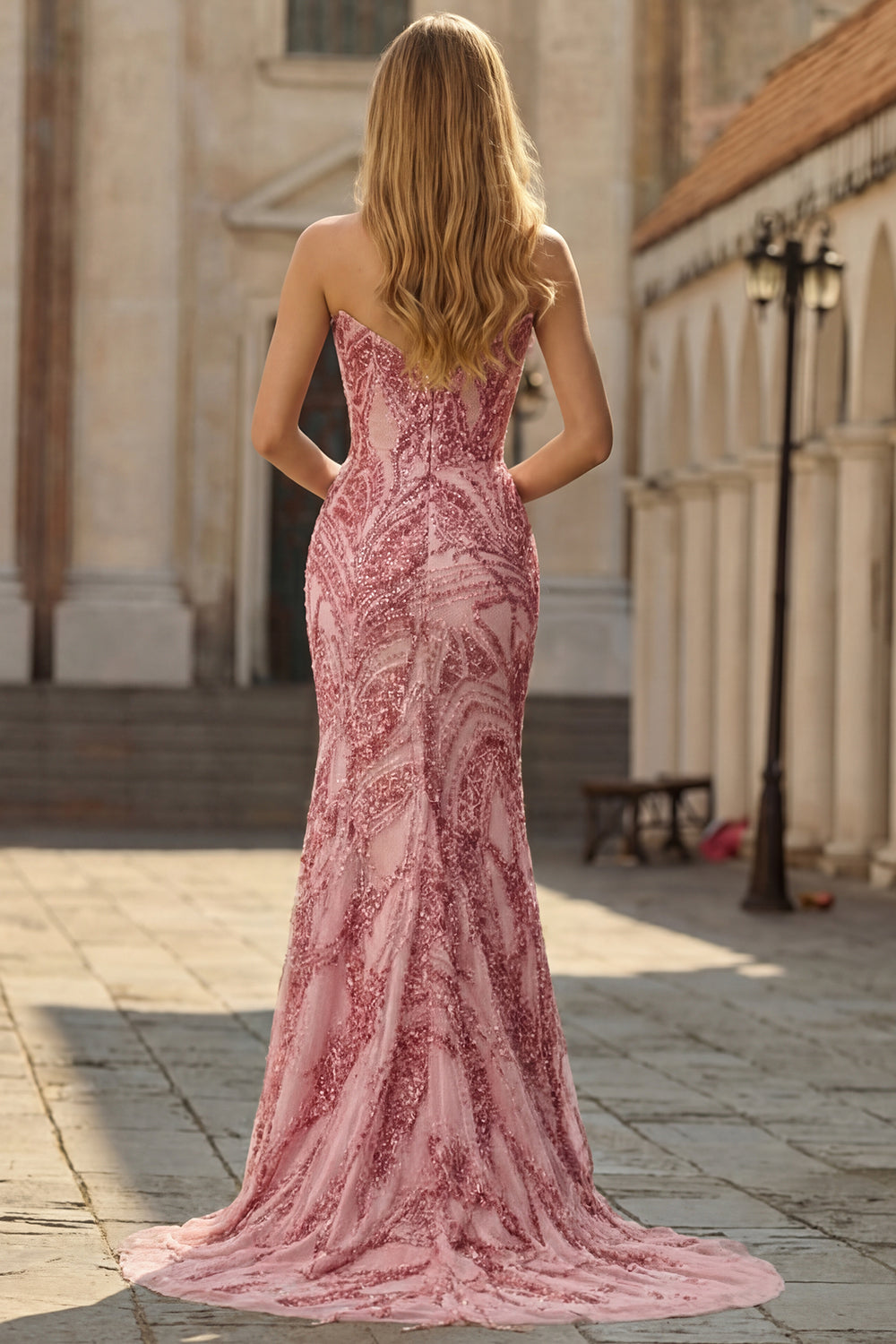 Sparkly Golden Mermaid Strapless Long Beaded Prom Dress with Slit