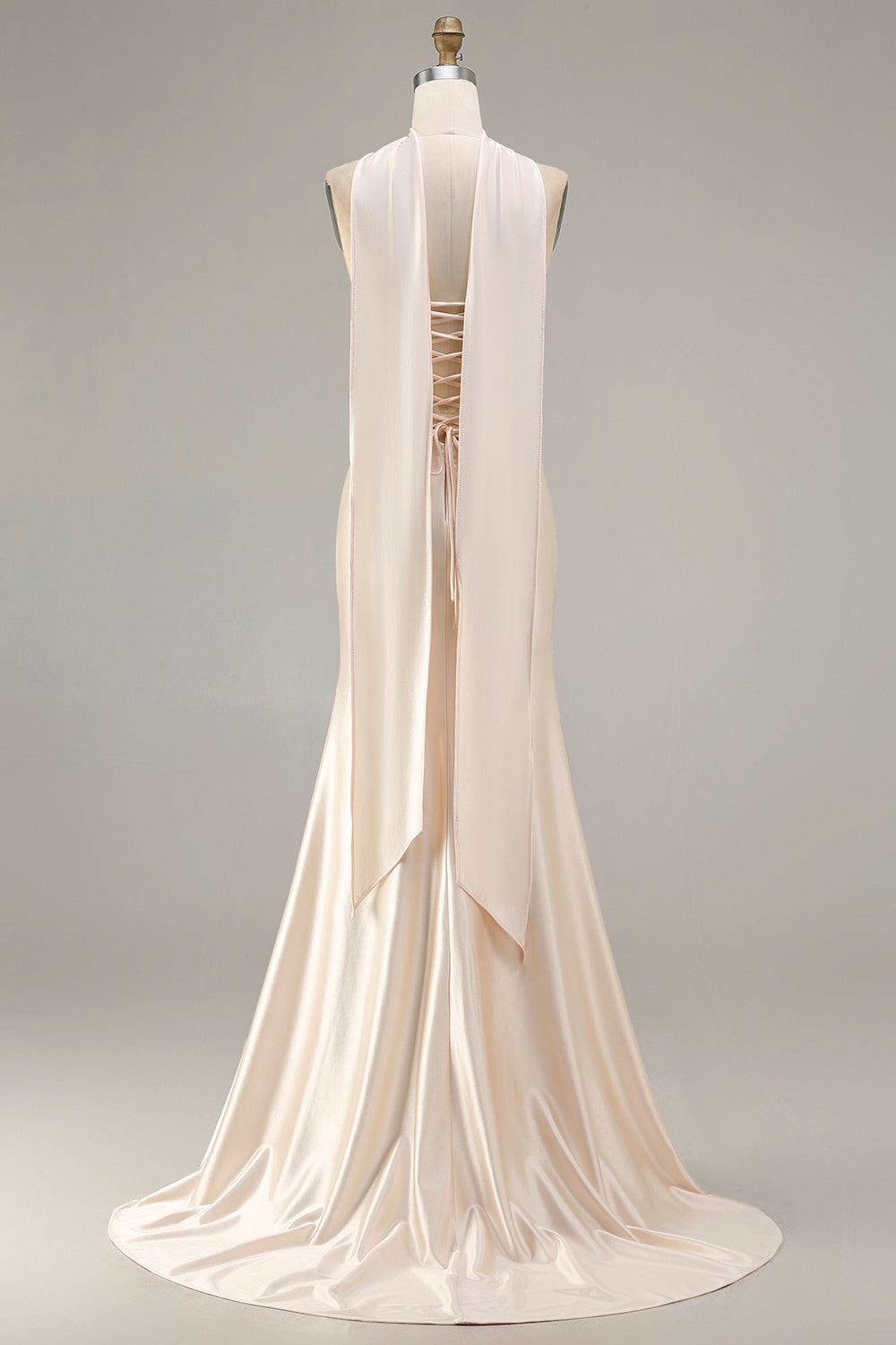 Sparkly Champagne Satin Neck Scarf Long Mermaid Prom Dress with Beading