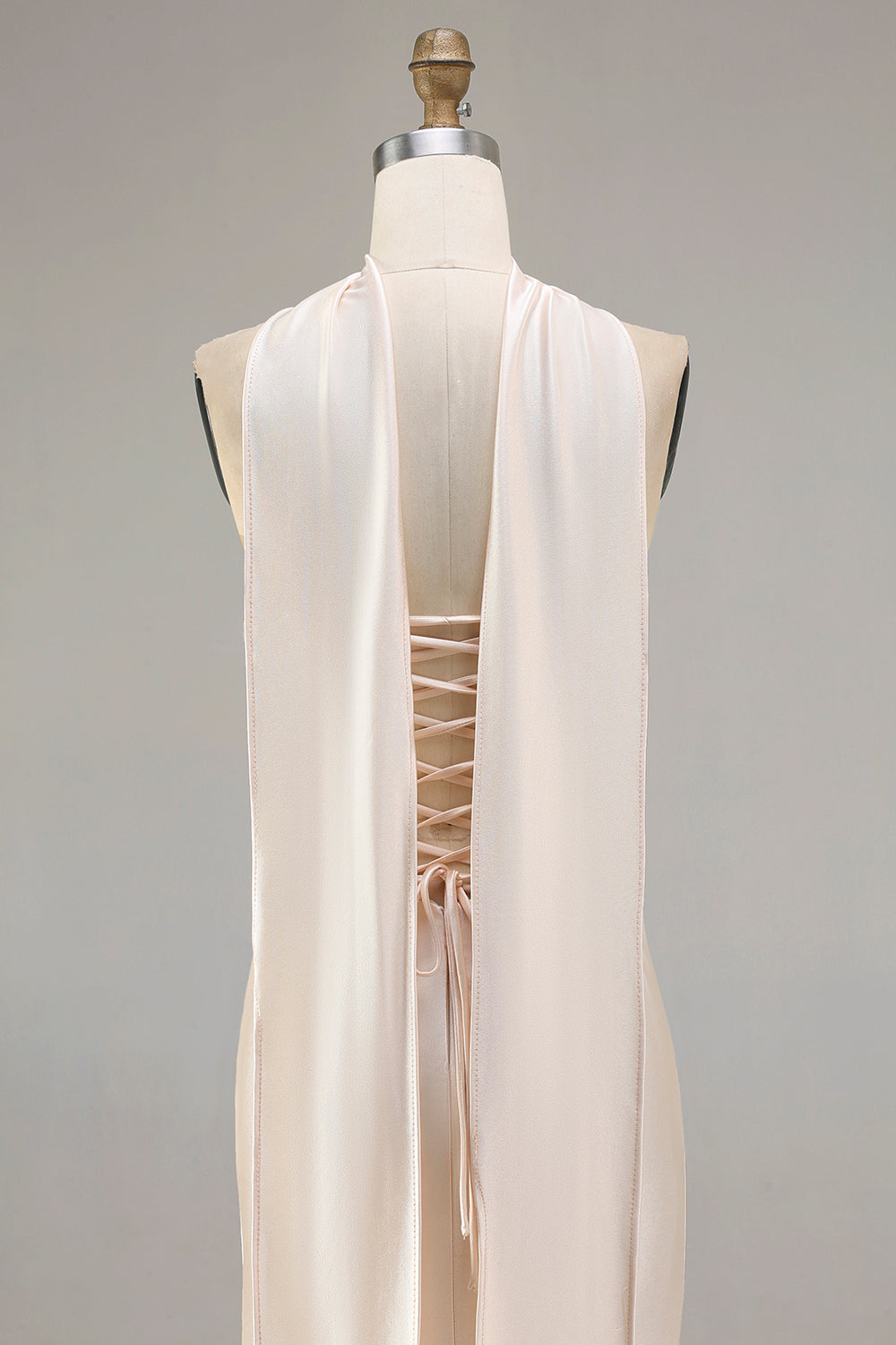 Sparkly Champagne Satin Neck Scarf Long Mermaid Prom Dress with Beading