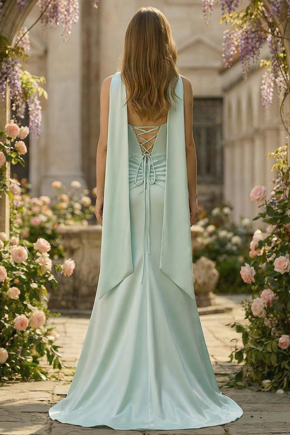Elegant Light Green Corset Satin Neck Scarf Long Mermaid Prom Dress with Slit