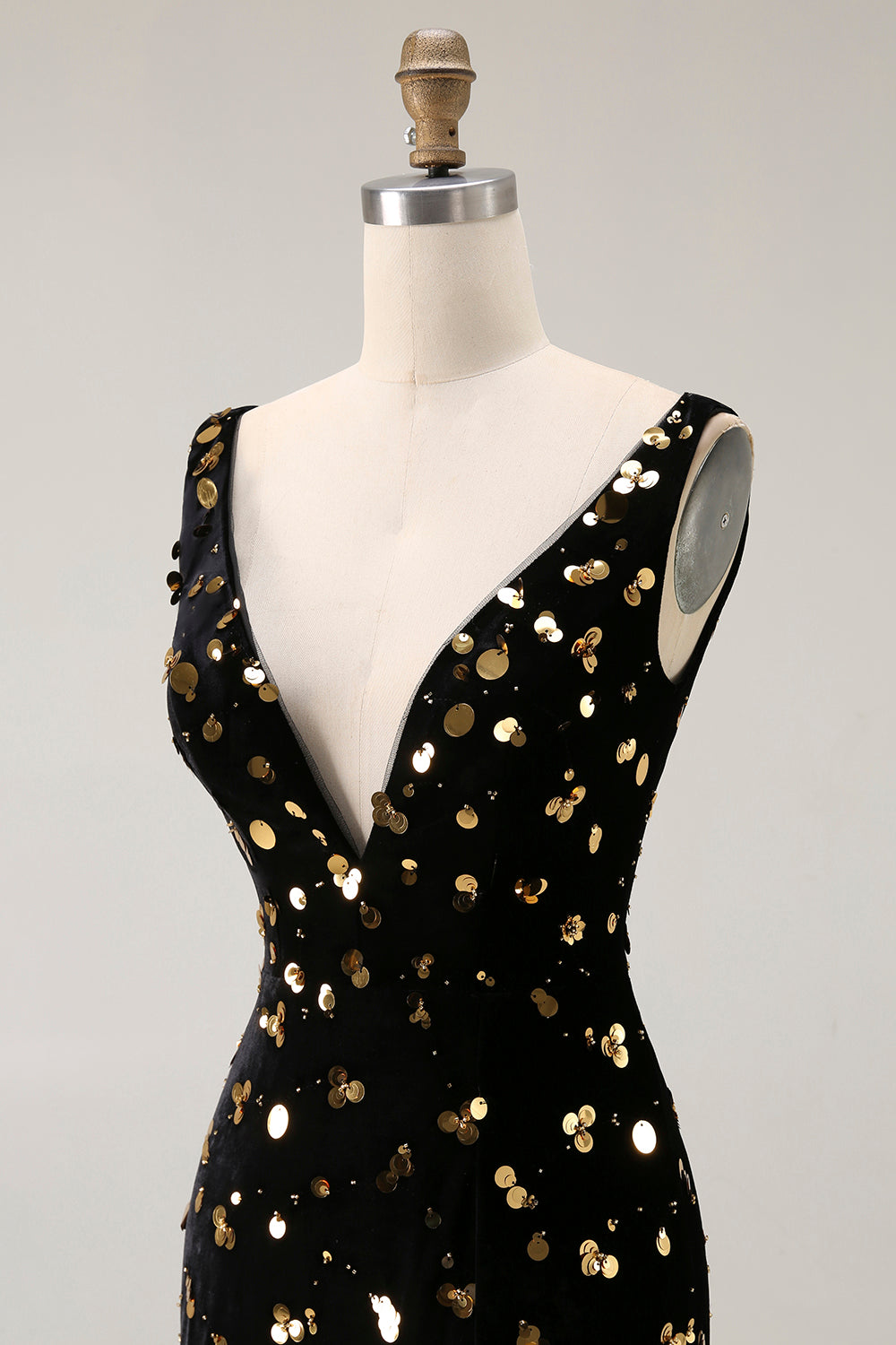 Sparkly Black Golden Beaded V Neck Long Mermaid Prom Dress