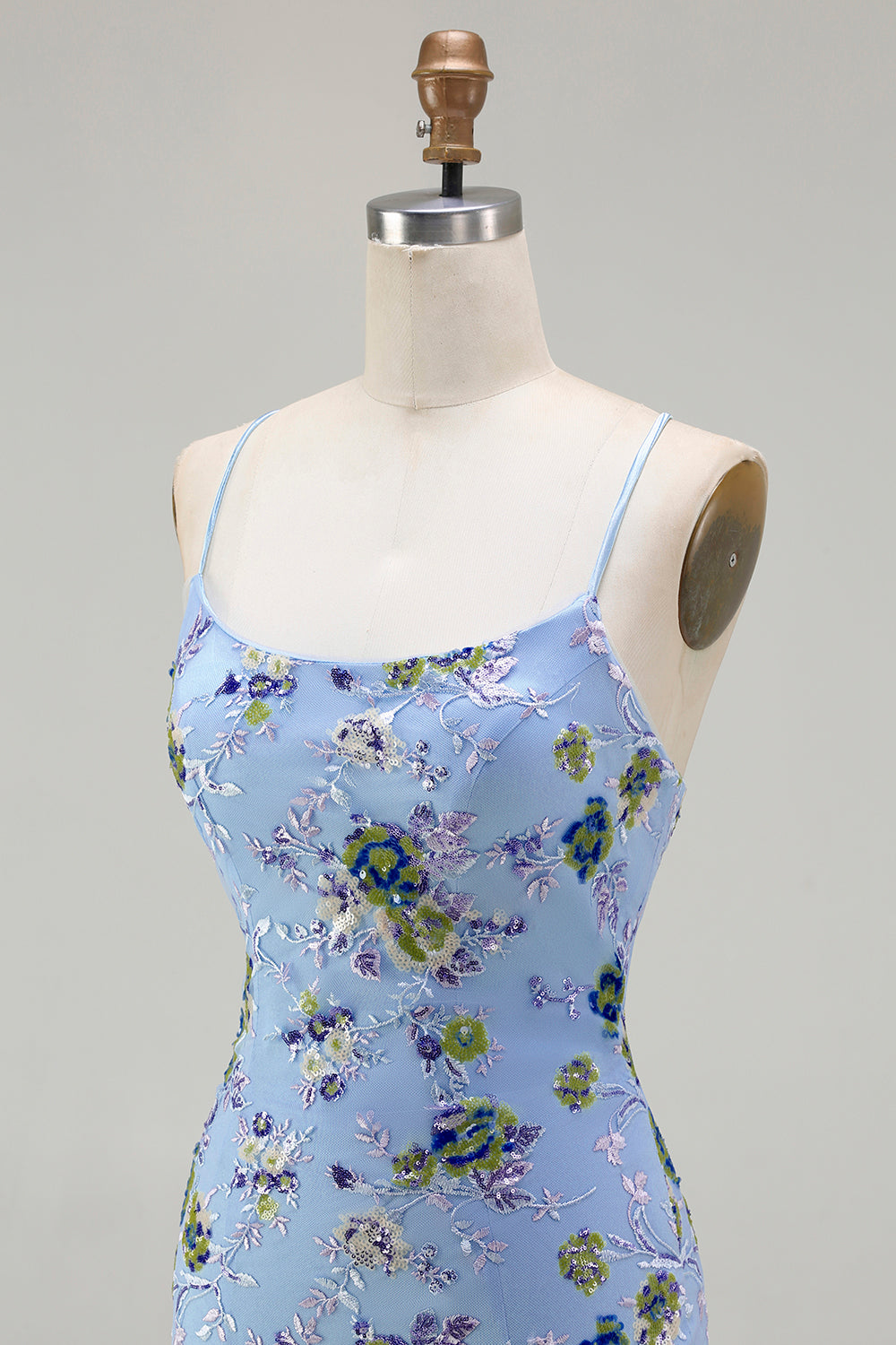 Sparkly Floral Blue Green Sequin Spaghetti Straps Long Prom Dress with Slit