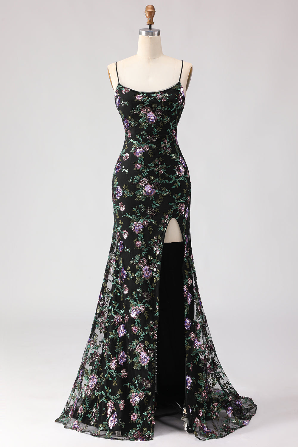 Sparkly Black and Purple Sequin Mermaid Long Floral Prom Dress with Slit