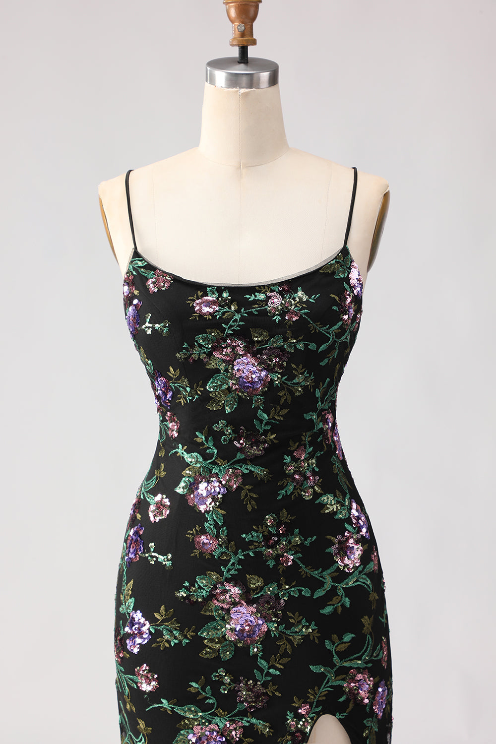 Sparkly Black and Purple Sequin Mermaid Long Floral Prom Dress with Slit