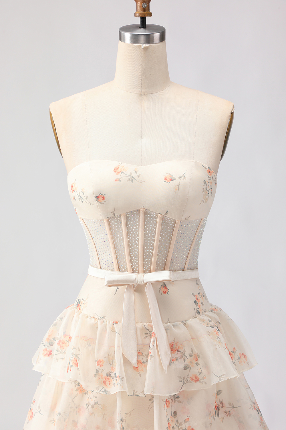 Floral Pink and Red Tiered A Line Strapless Long Corset Prom Dress with Bow