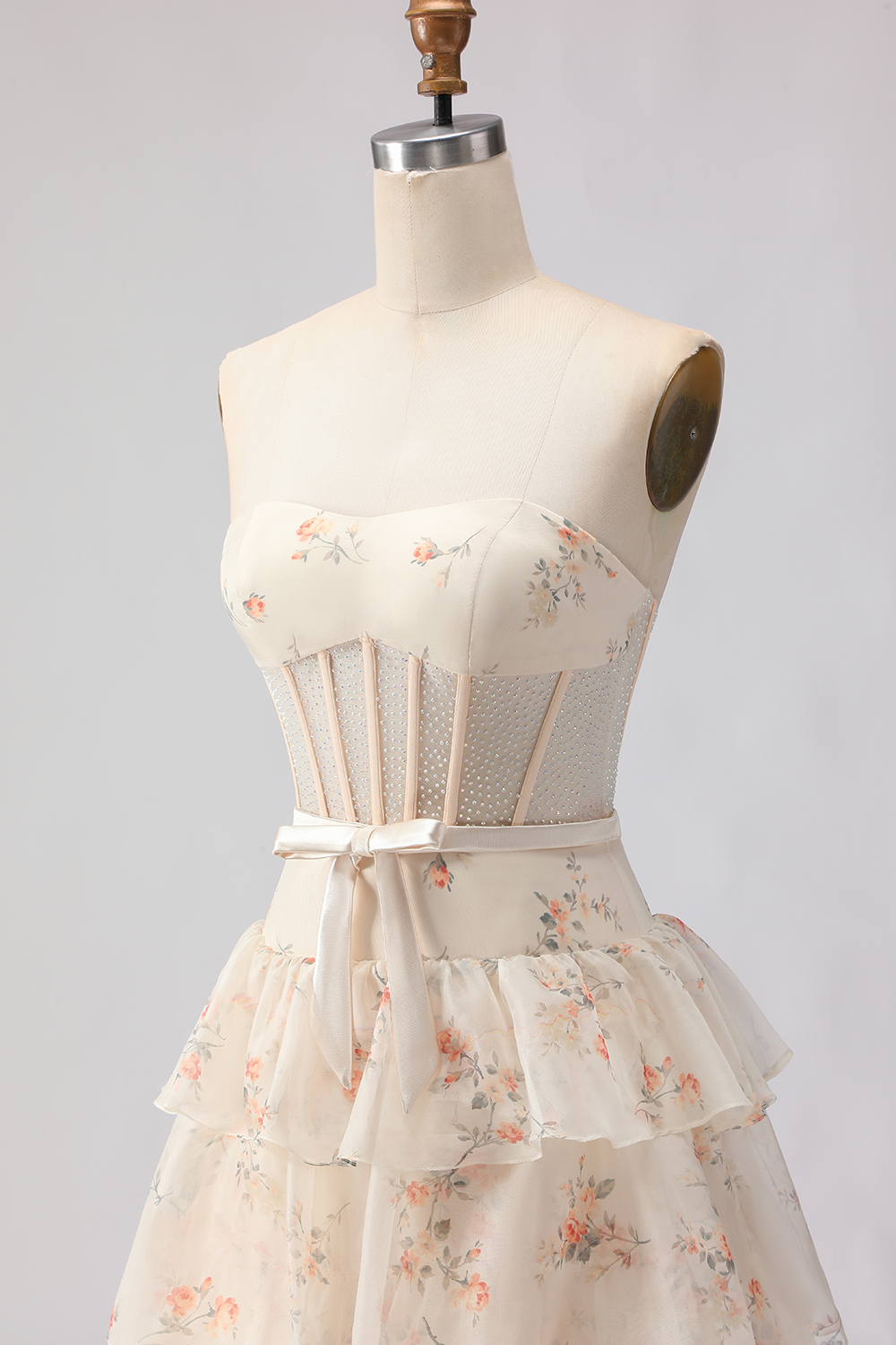 Floral Pink and Red Tiered A Line Strapless Long Corset Prom Dress with Bow