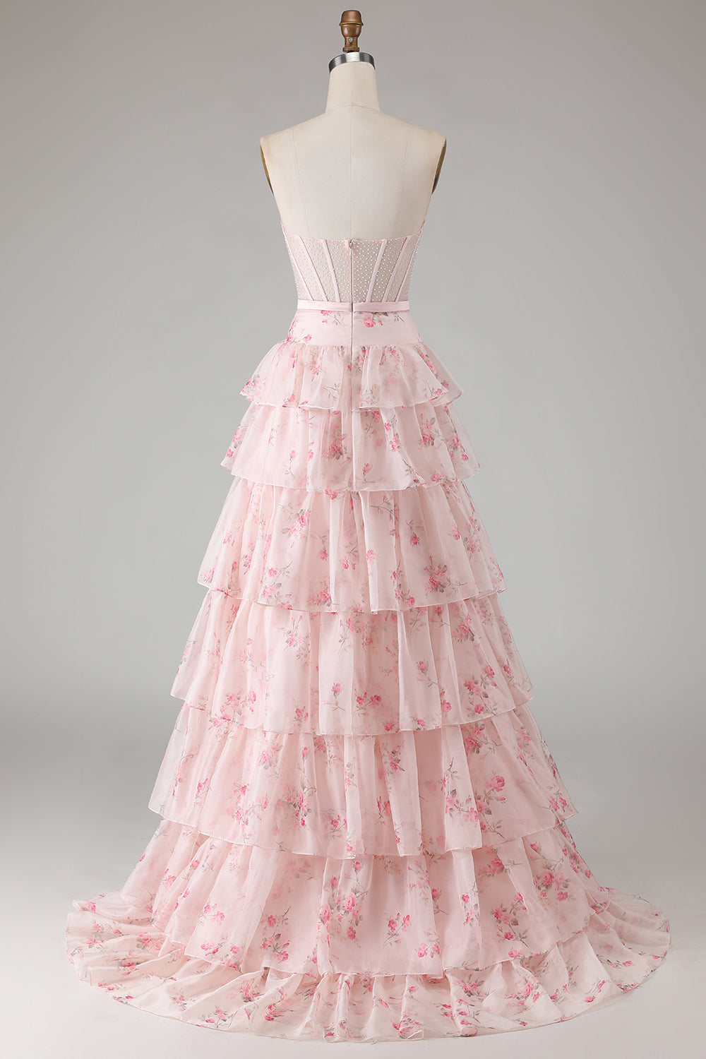 Floral Pink and Red Tiered A Line Strapless Long Corset Prom Dress with Bow