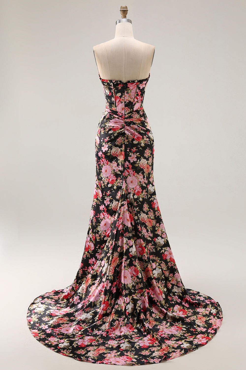 Floral Black Pink Corset Long Mermaid Prom Dress with Slit