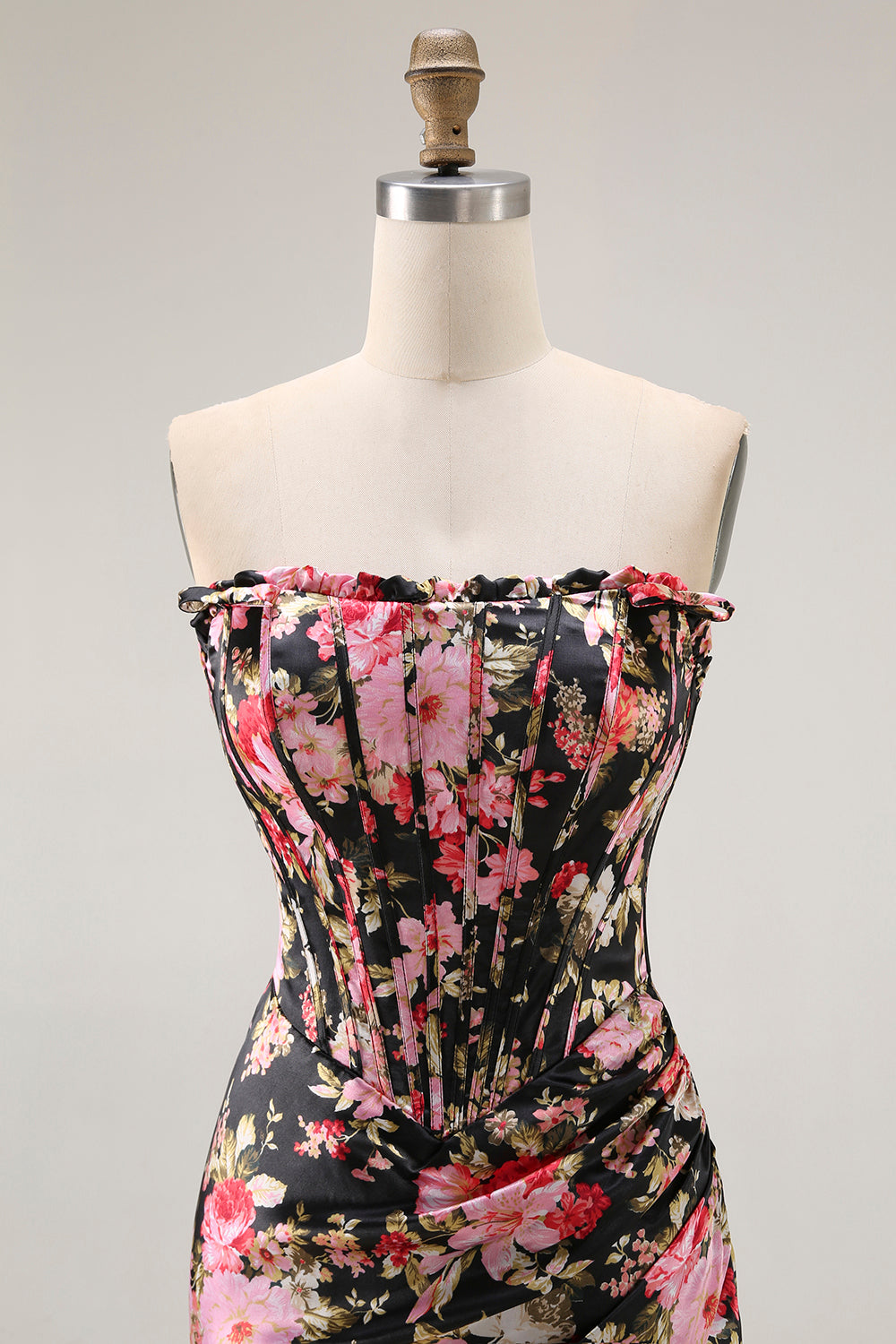 Floral Black Pink Corset Long Mermaid Prom Dress with Slit