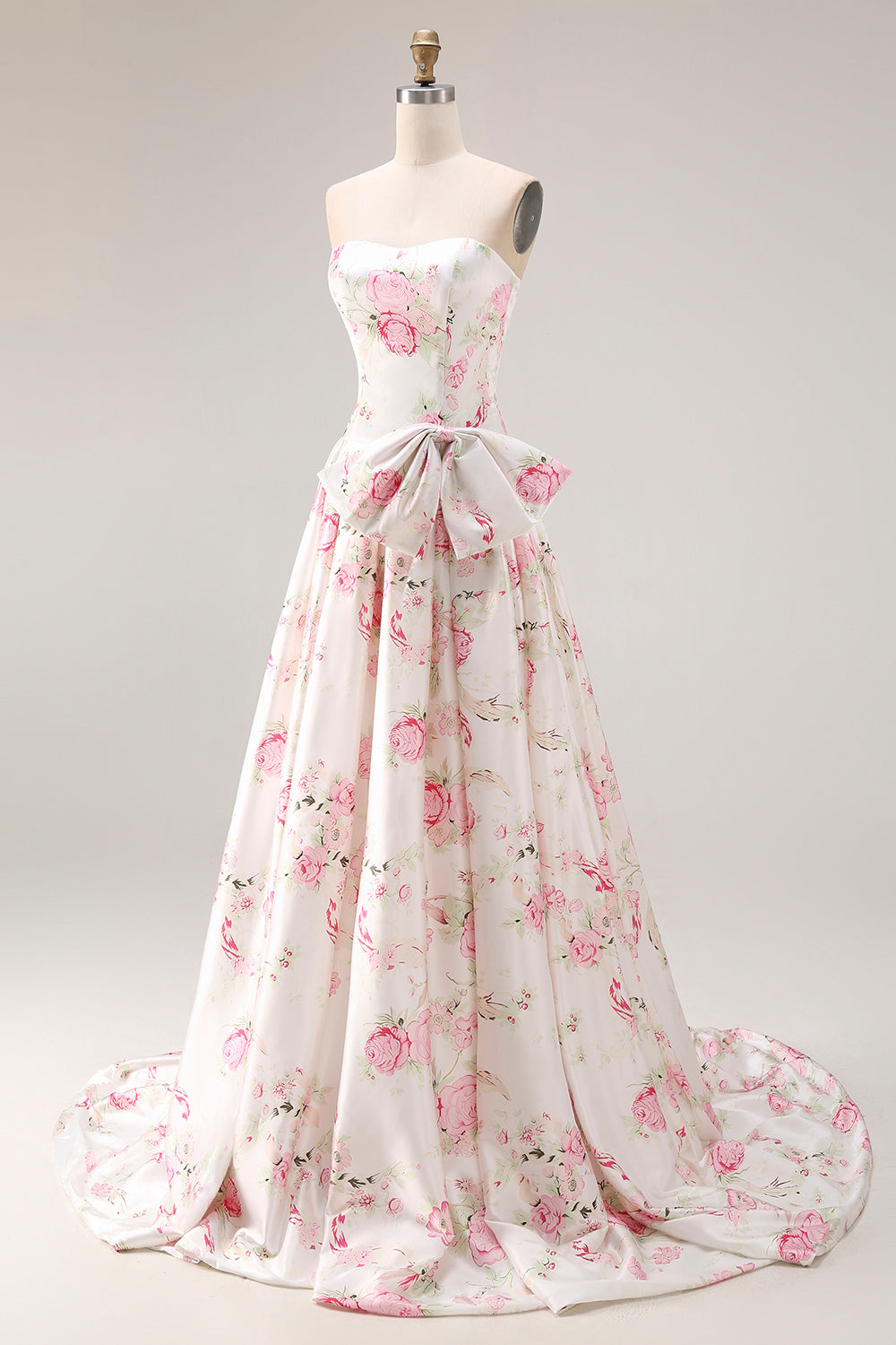 Floral White and Pink A Line Strapless Satin Long Corset Prom Dress with Bow