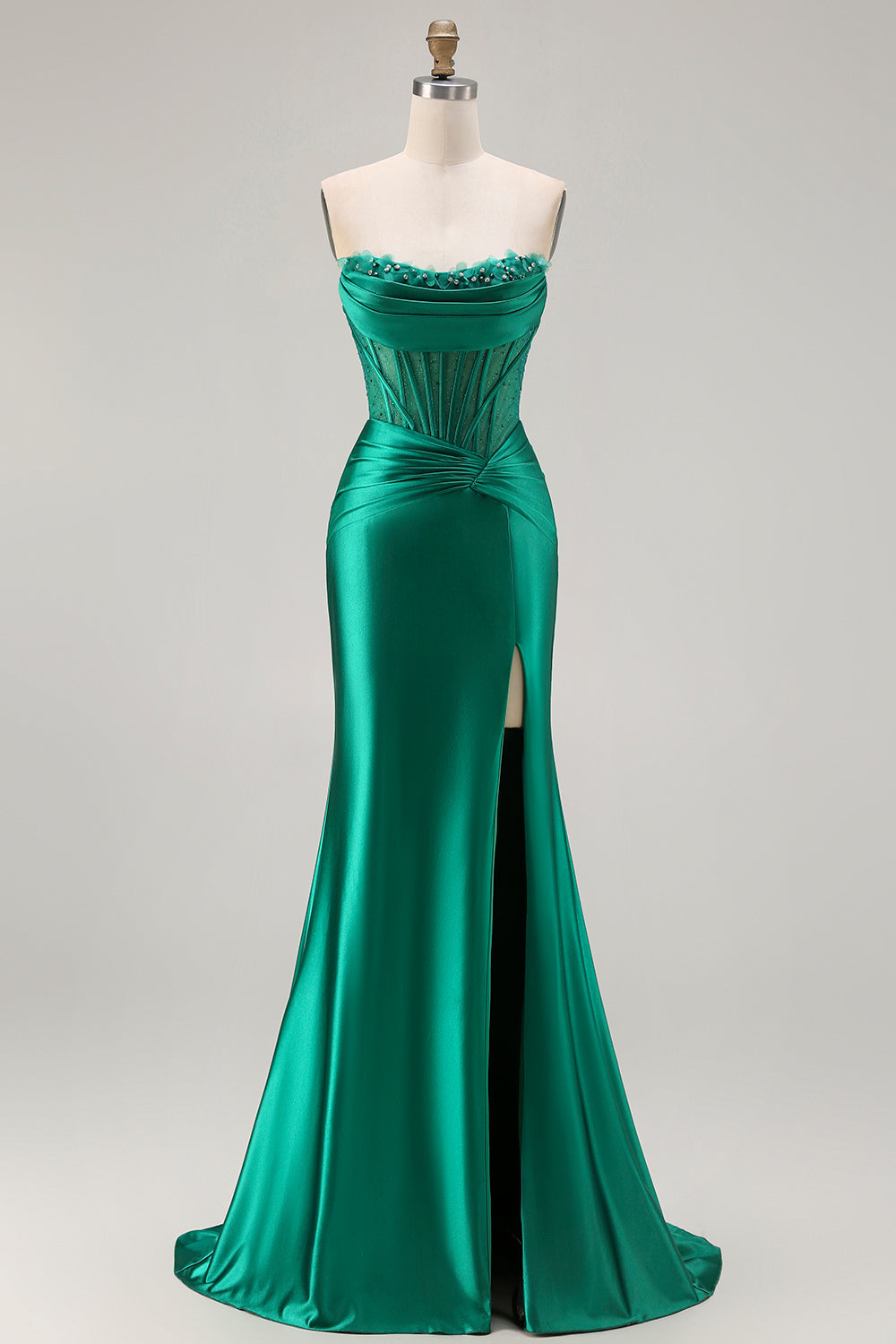 Dark Green Mermaid Corset Strapless Long Satin Prom Dress with Slit