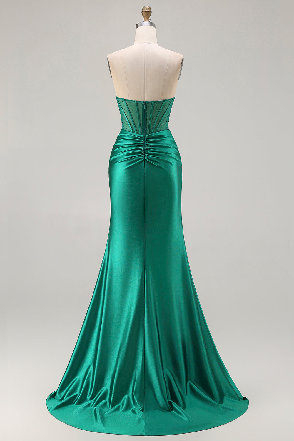 Dark Green Mermaid Corset Strapless Long Satin Prom Dress with Slit