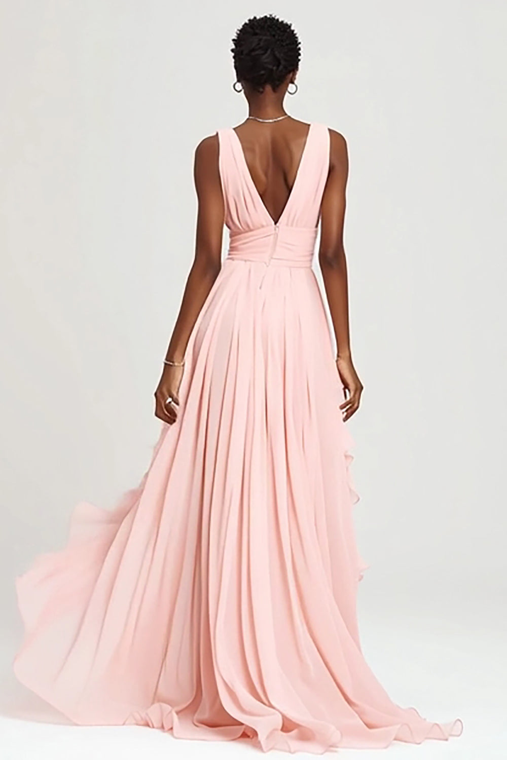 Cute Pink V-Neck A-Line Chiffon Long Formal Dress with Ruffles
