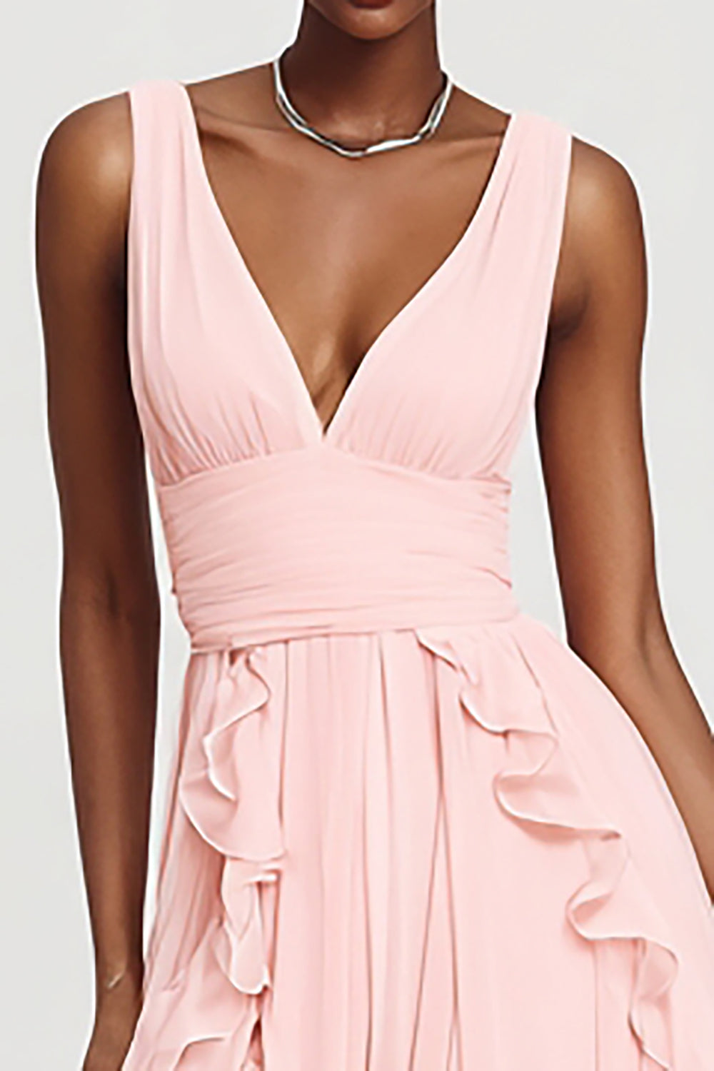 Cute Pink V-Neck A-Line Chiffon Long Formal Dress with Ruffles
