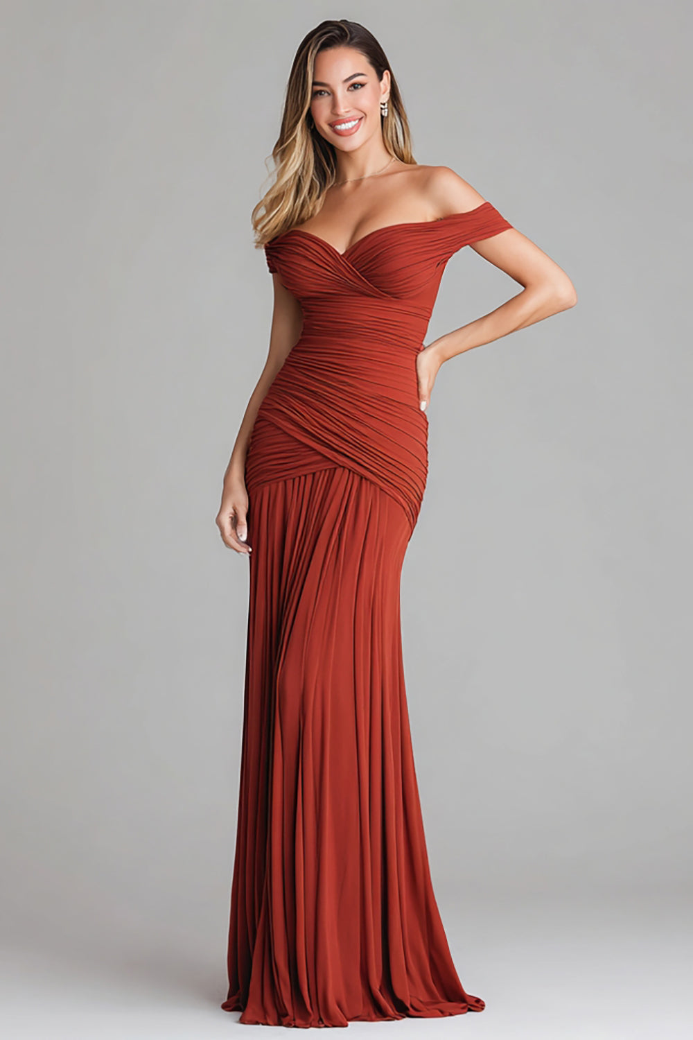 Terracotta Mermaid Off the Shoulder Ruched Long Formal Dress