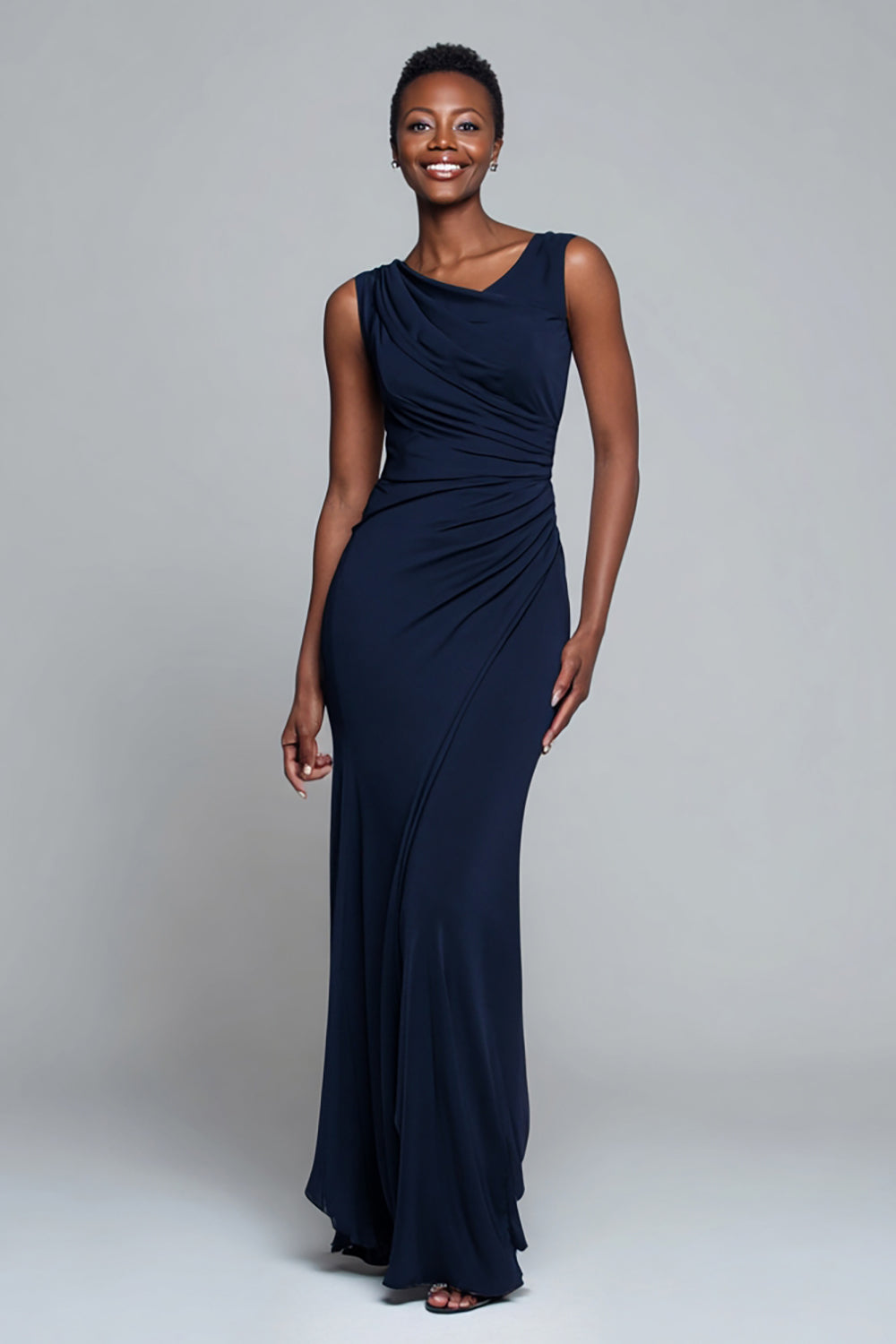 Simple Navy Mermaid V-Neck Ruched Long Evening Dress