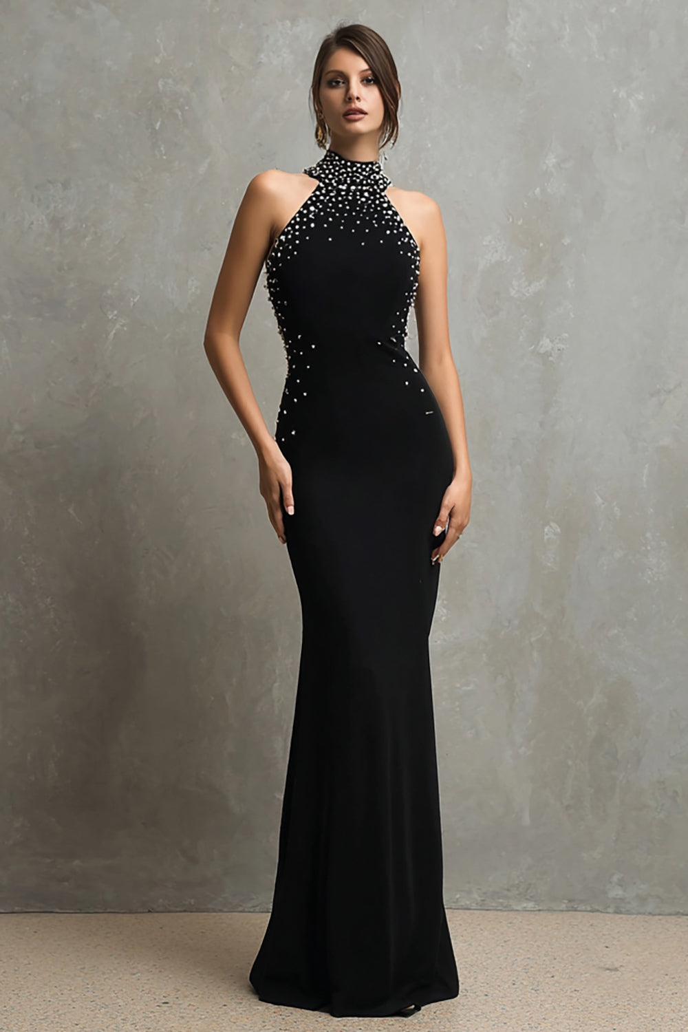 Sparkly Black Halter Beaded Long Mermaid Formal Dress