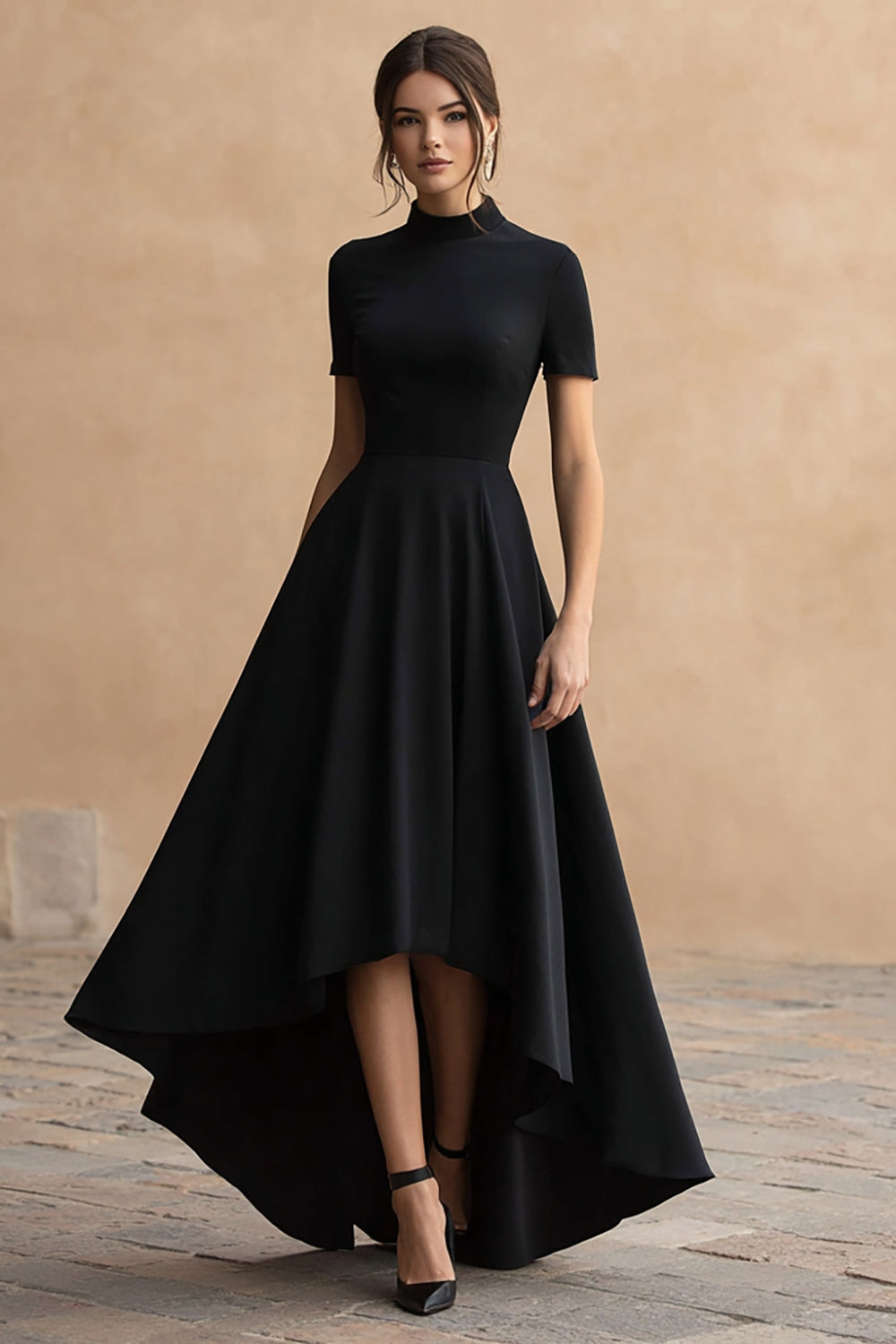 Black A-Line Satin High Neck High-Low Formal Dress with Sleeves