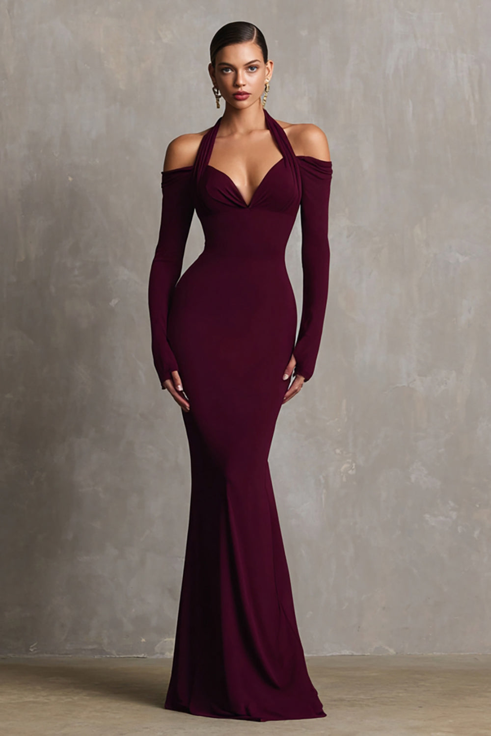 Elegant Burgundy Mermaid Halter Long Sleeves Formal Dress