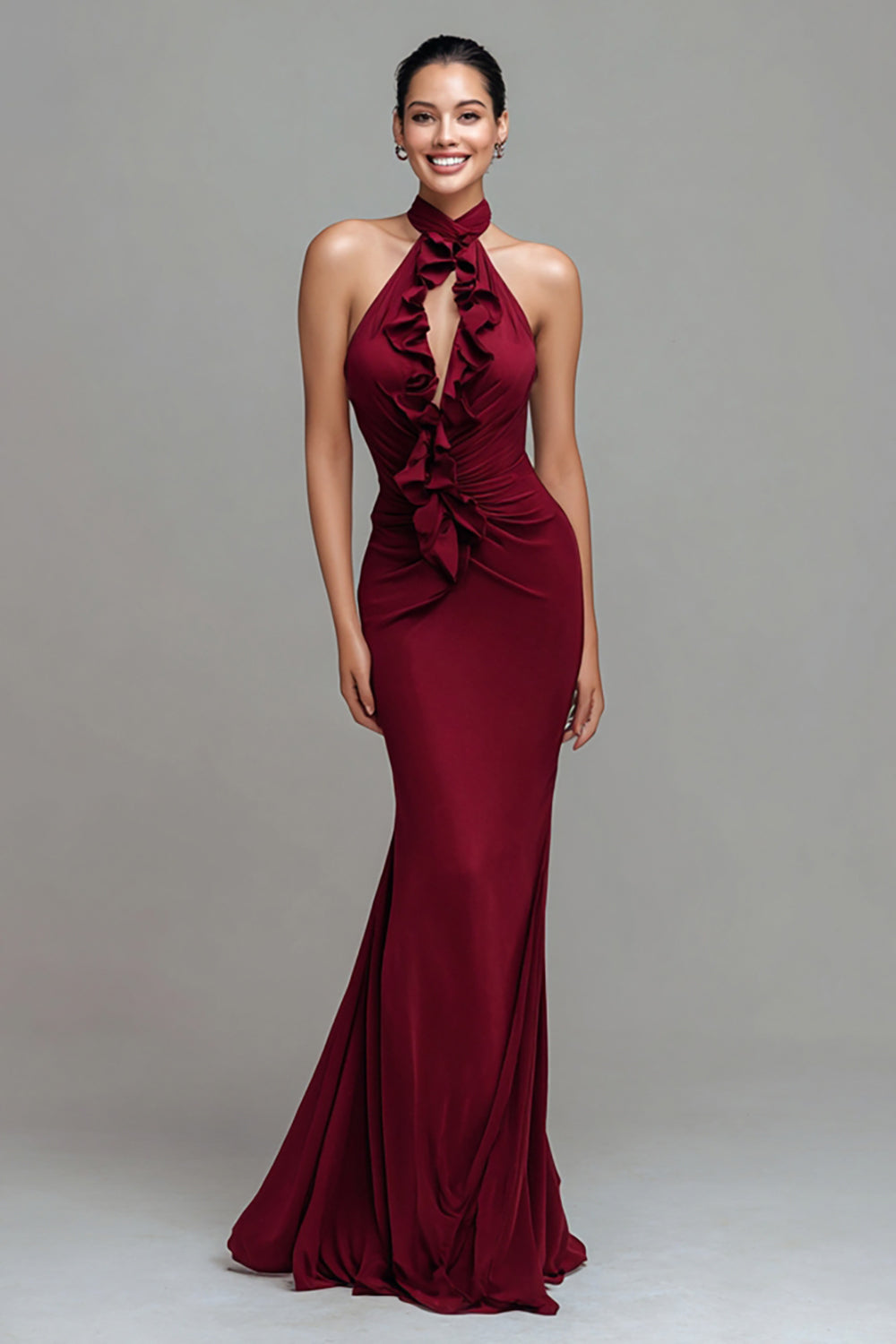 Elegant Burgundy Halter Mermaid Long Formal Dress with Ruffles