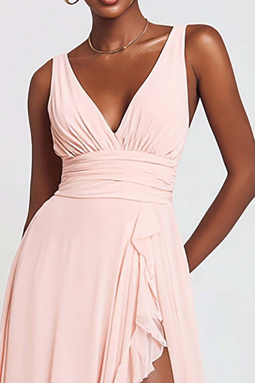 Pink V-Neck Chiffon A-Line Long Prom Dress with Slit