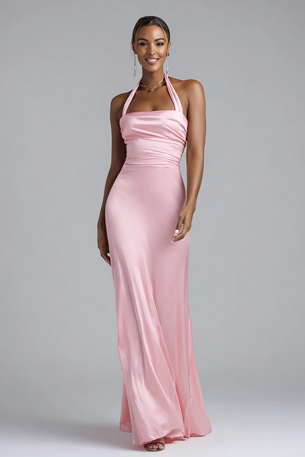 Simple Pink Halter Satin Mermaid Long Prom Dress