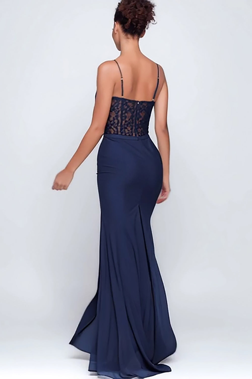 Elegant Navy Lace Spaghetti Straps Mermaid Long Formal Dress with Slit