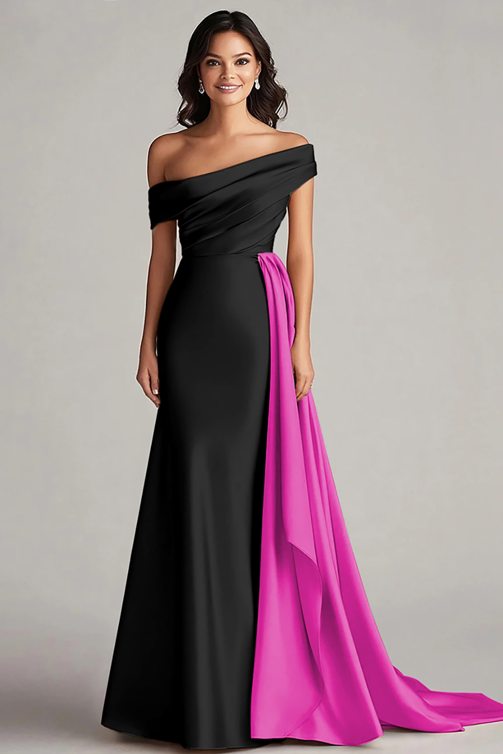 Elegant Black and White Satin Mermaid Long Formal Dress with Cape