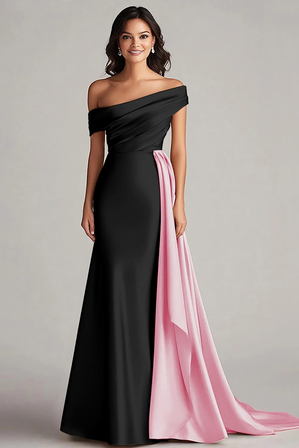 Elegant Black and White Satin Mermaid Long Formal Dress with Cape