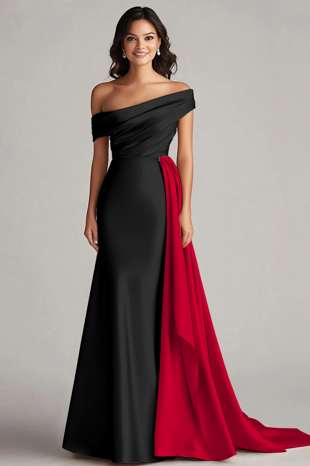 Elegant Black and White Satin Mermaid Long Formal Dress with Cape