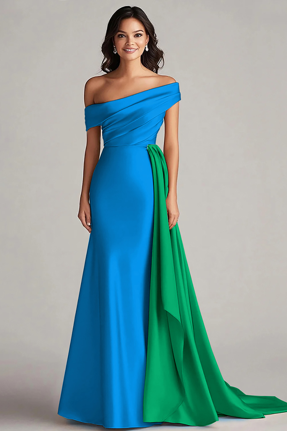 Elegant Black and White Satin Mermaid Long Formal Dress with Cape