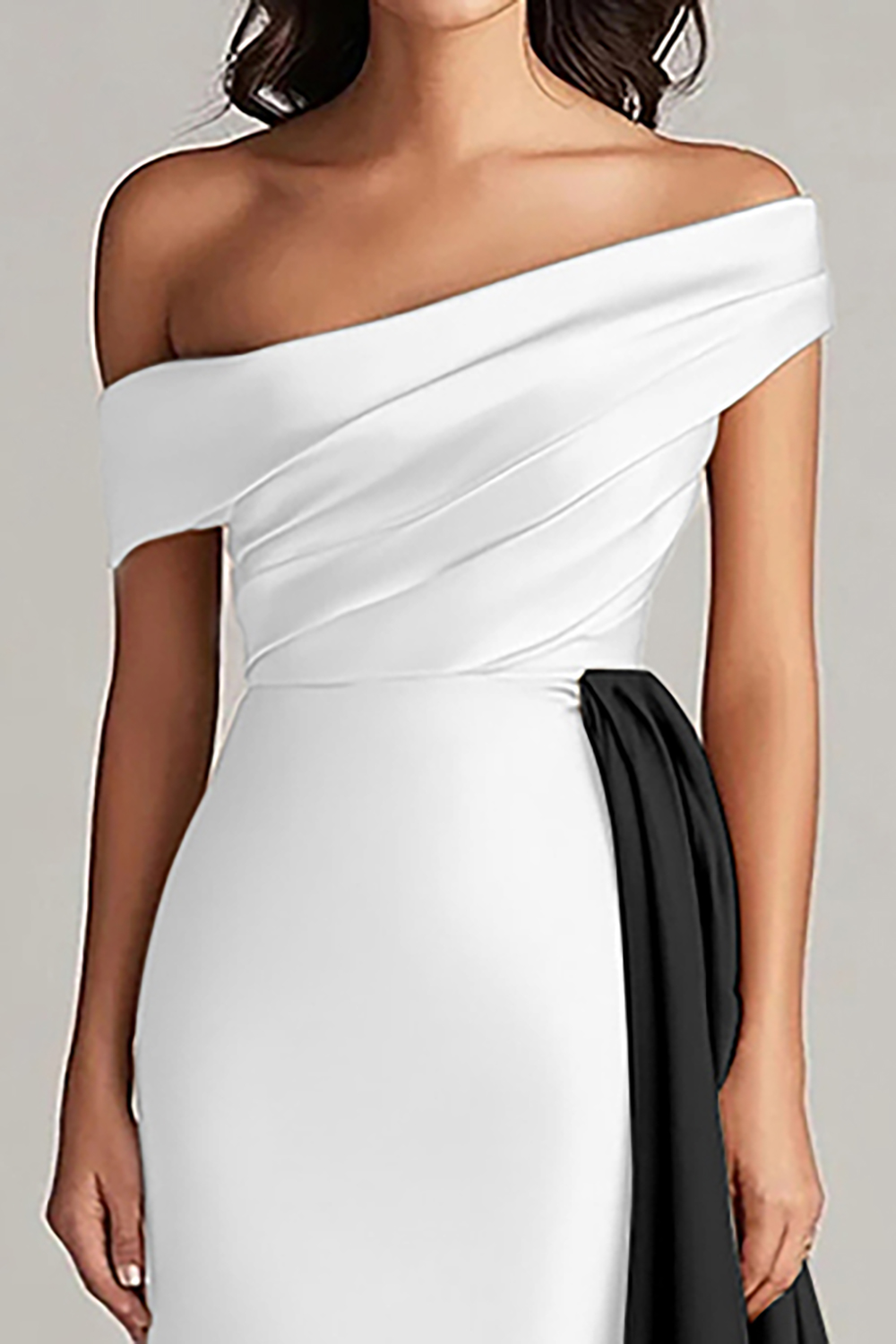 Elegant Black and White Satin Mermaid Long Formal Dress with Cape
