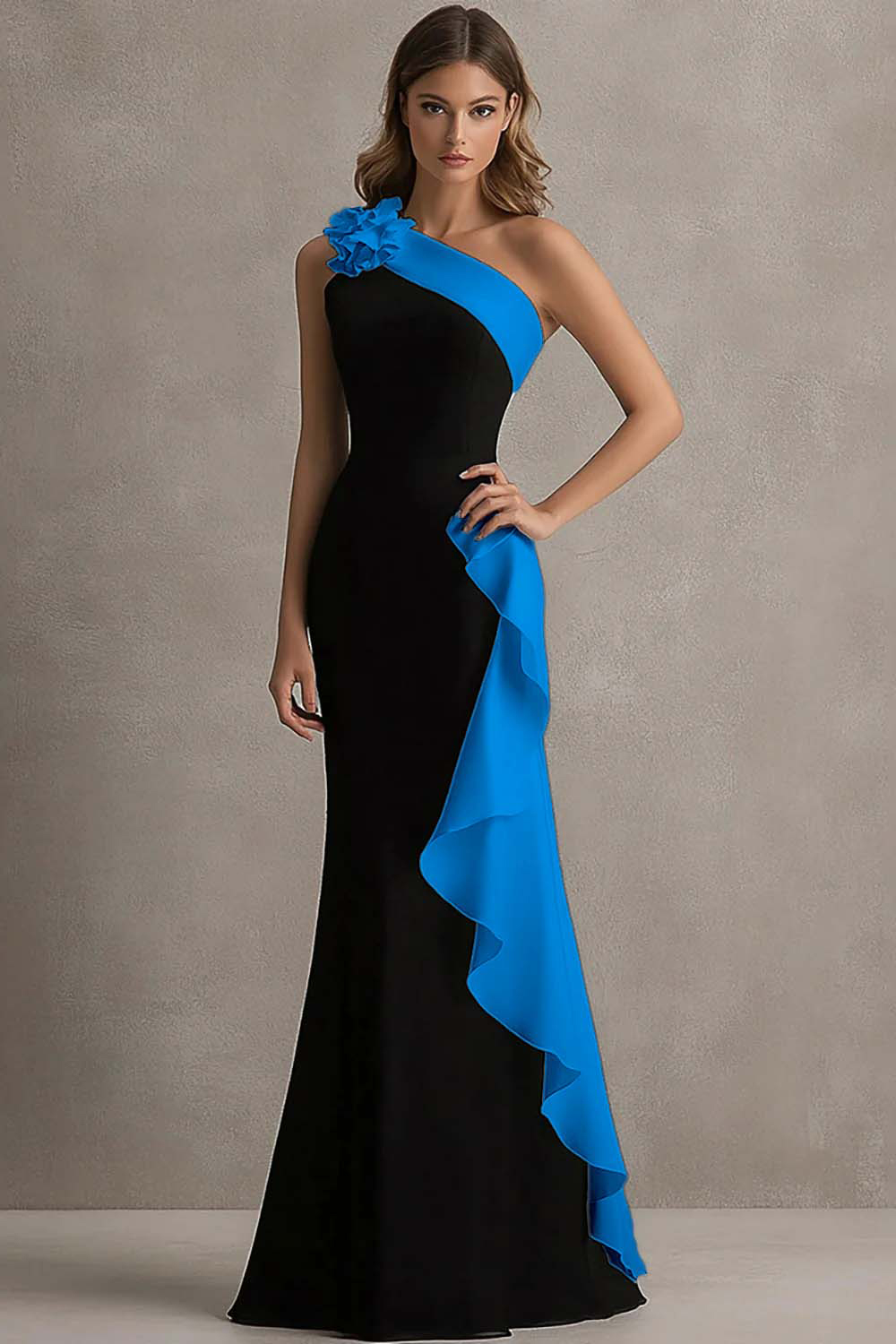 Elegant Black and Pink One Shoulder Side Cape Long Formal Dress with Ruffles
