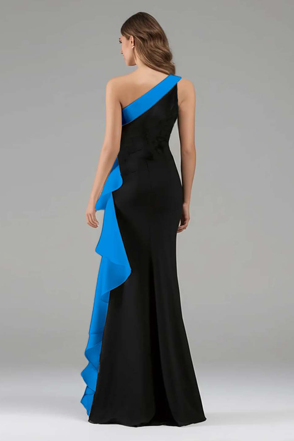 Elegant Black and Pink One Shoulder Side Cape Long Formal Dress with Ruffles