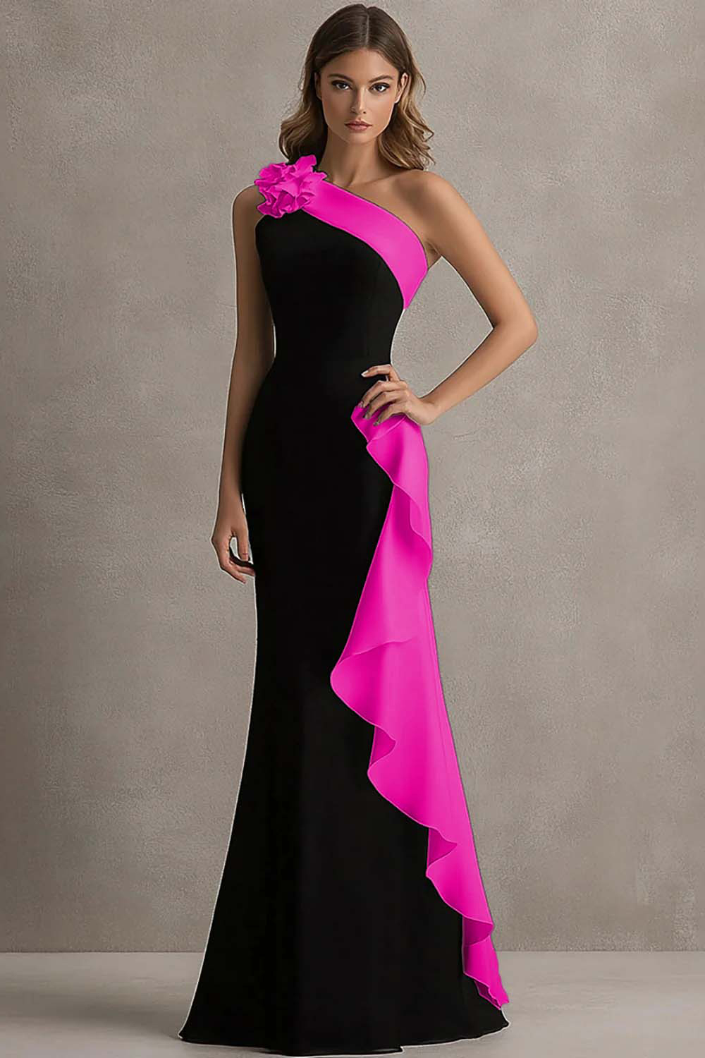 Elegant Black and Pink One Shoulder Side Cape Long Formal Dress with Ruffles