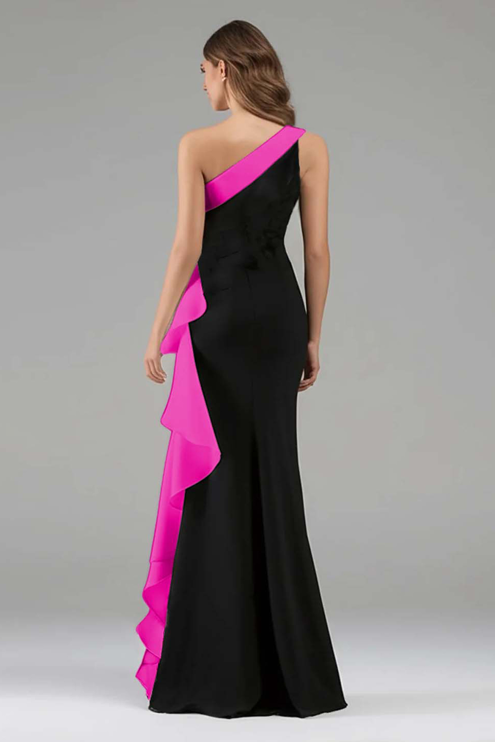 Elegant Black and Pink One Shoulder Side Cape Long Formal Dress with Ruffles