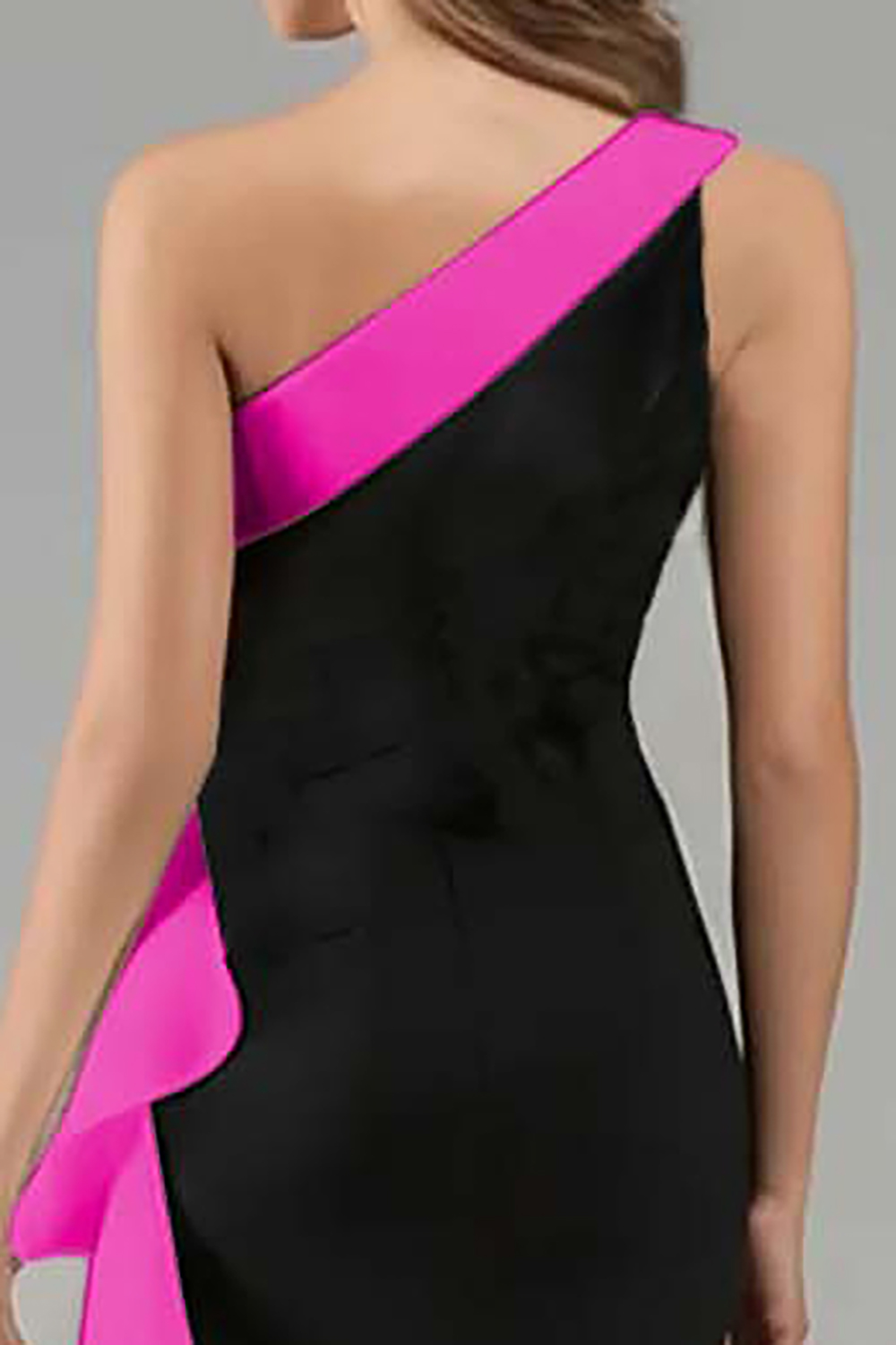 Elegant Black and Pink One Shoulder Side Cape Long Formal Dress with Ruffles