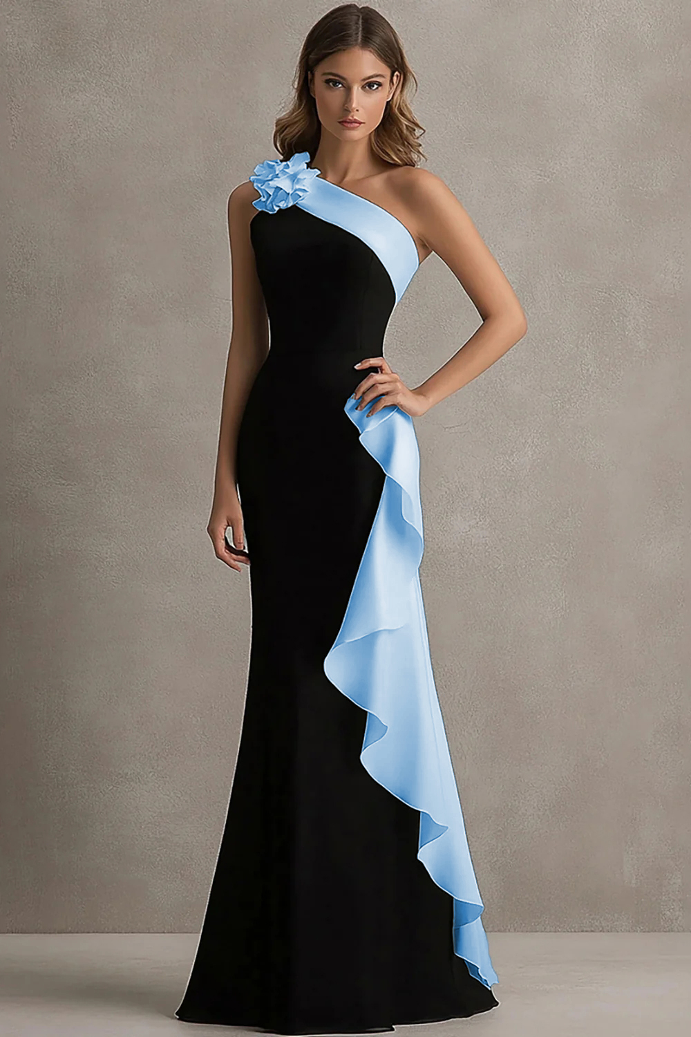 Elegant Black and Pink One Shoulder Side Cape Long Formal Dress with Ruffles