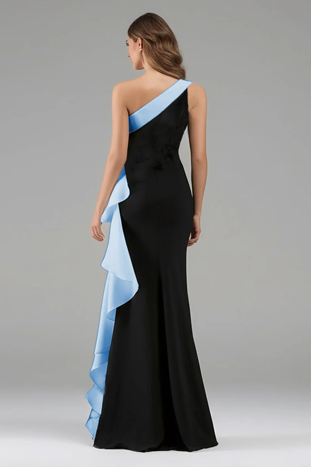 Elegant Black and Pink One Shoulder Side Cape Long Formal Dress with Ruffles